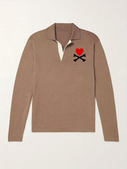 Heart Pattern Knit Polo Shirt Men's Casual Lapel Stretch V Neck Pullover