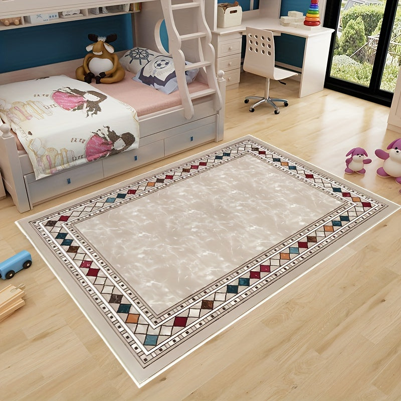 Vintage Washable Area Rug Gem Bordered Print Floor Cover Large Carpet