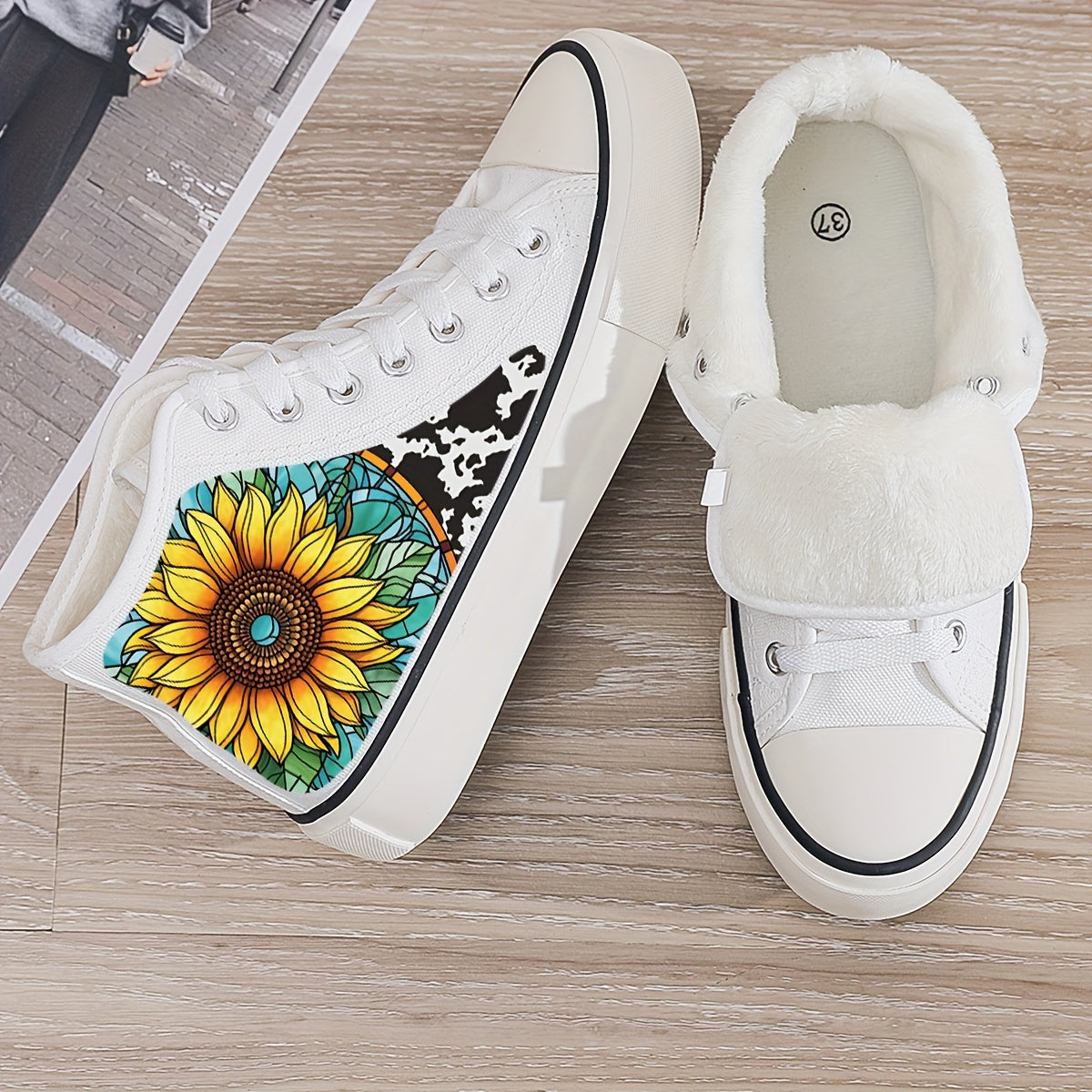 Plush Lined Chunky Canvas Sneakers - Flower Print - Non Slip - High Top - Warm