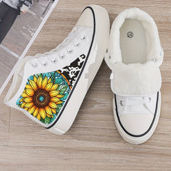 Plush Lined Chunky Canvas Sneakers - Flower Print - Non Slip - High Top - Warm