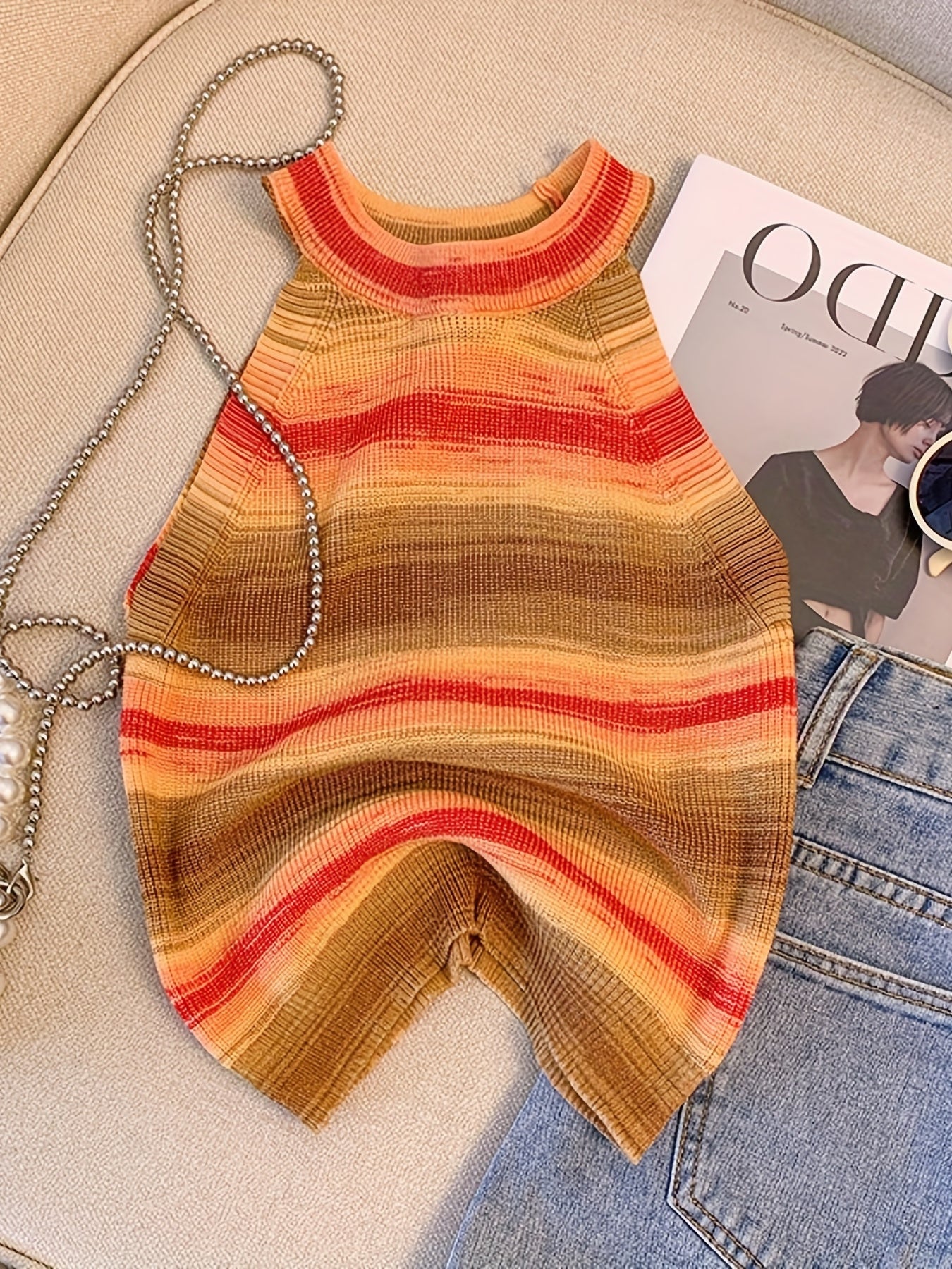 Striped Print Halter Top Sleeveless Summer Top Women's Clothing
