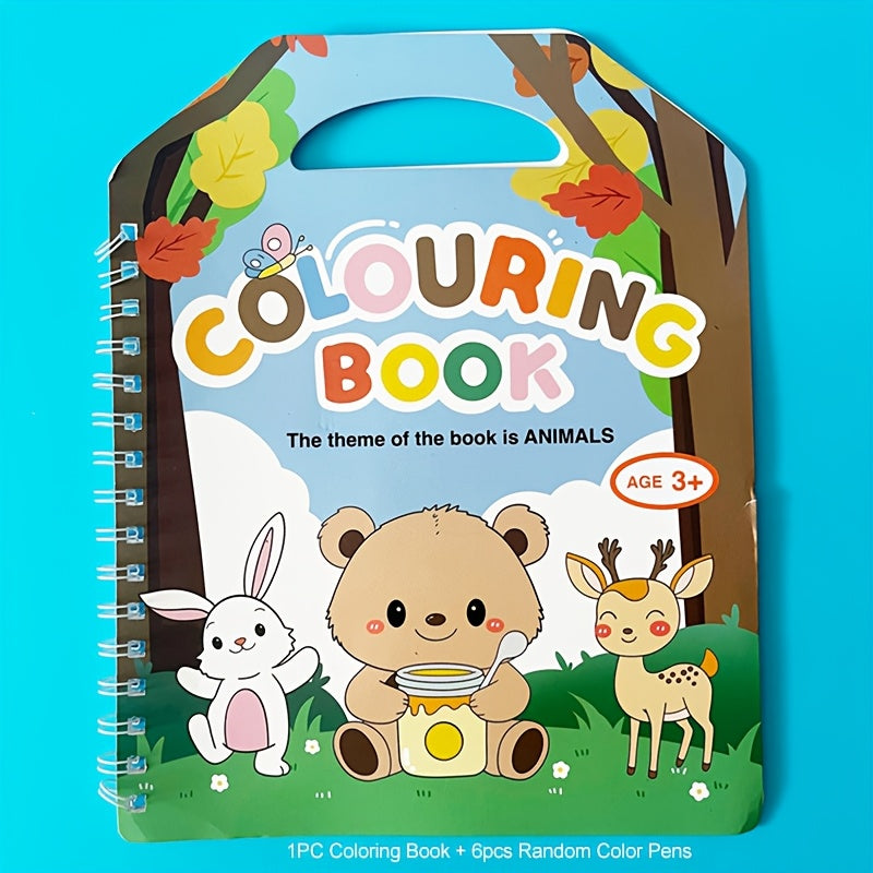 Reusable Animals Coloring Book for Kids with 6 Magic Water Based Markers