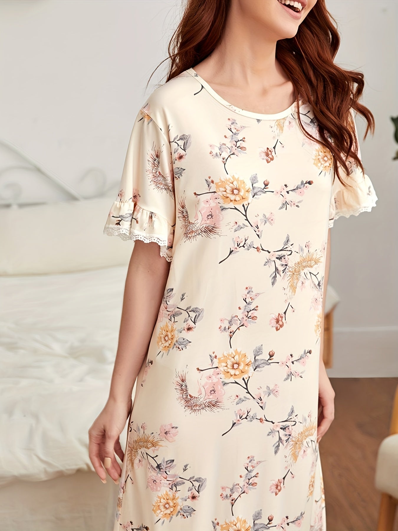 Floral Ruffle Nightdress Short Sleeve Sleep Dress Women's Sleepwear
