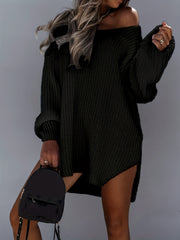 Sexy Sweater Dress One Shoulder Lantern Sleeve V Neck