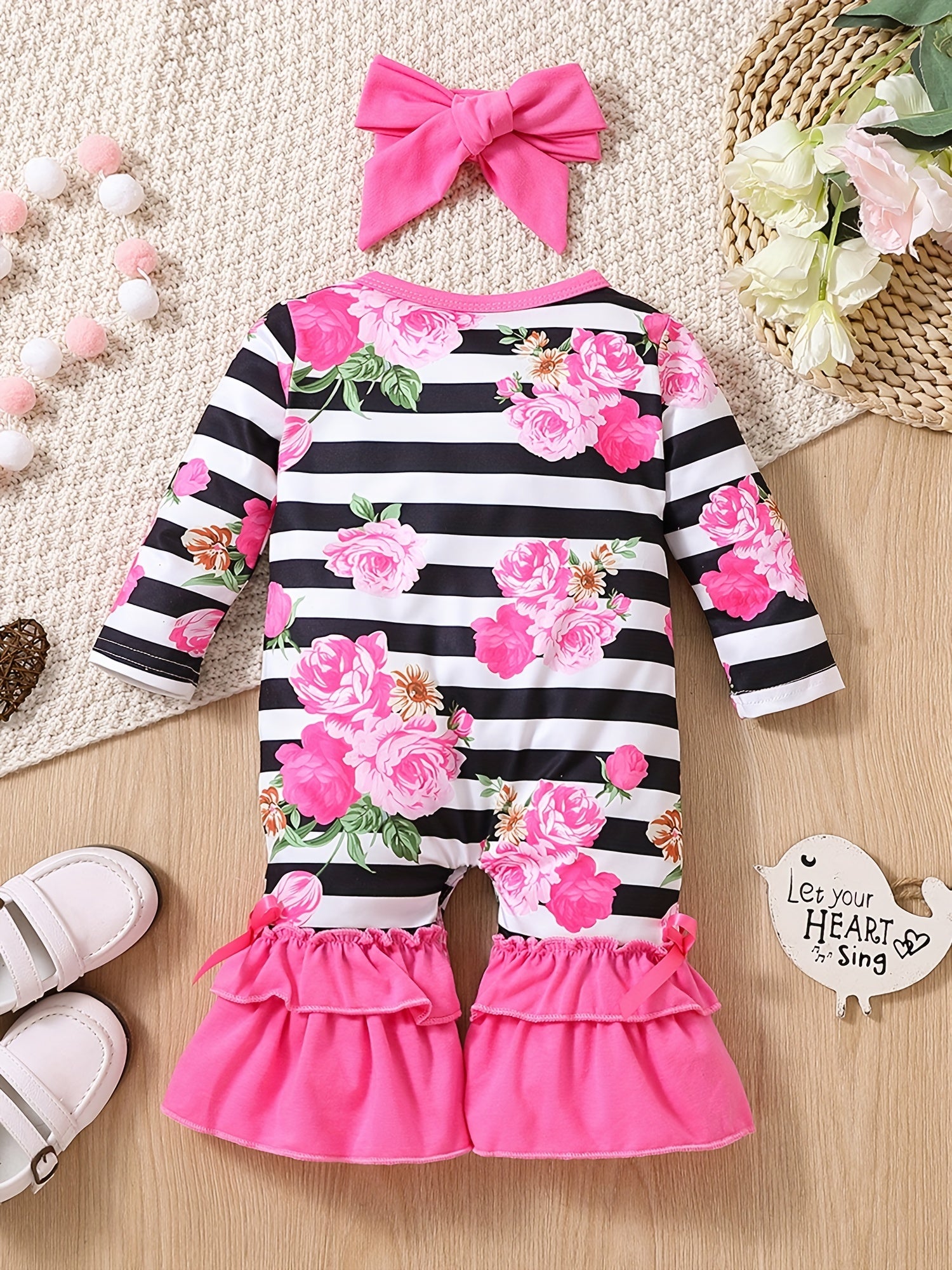 Baby Girls Striped Floral Jumpsuit Set with Flared Pants and Hair Accessories