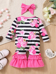 Baby Girls Striped Floral Jumpsuit Set with Flared Pants and Hair Accessories