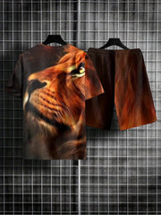 Men's Lion Graphic T-shirt & Comfy Shorts Set for Outdoor