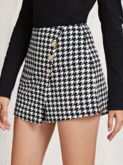 Houndstooth Button Asymmetrical Skort Women's Clothing