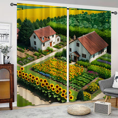 2pcs Cartoon Sunflower Village Curtain - Window Curtain for Outdoor Shelter