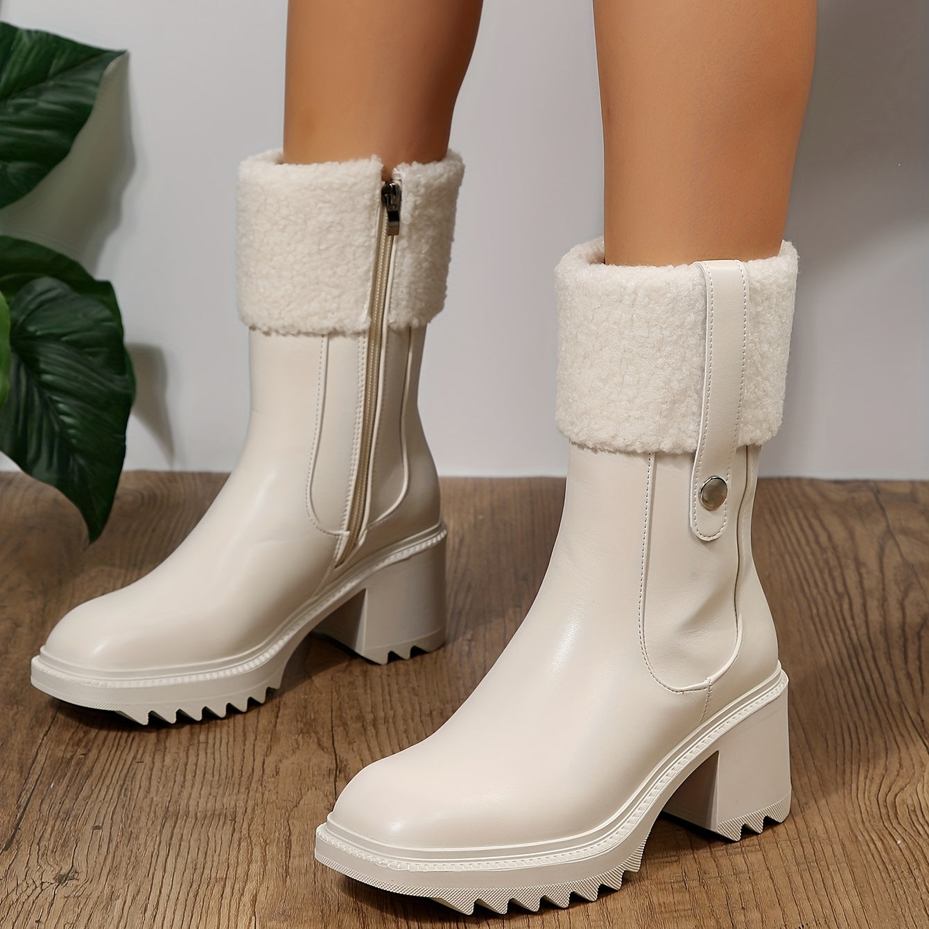 Women's Block Heel Ankle Boots Plush Square Toe Non Slip Short Boots