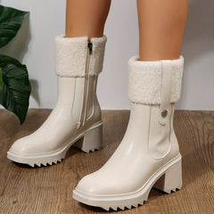 Women's Block Heel Ankle Boots Plush Square Toe Non Slip Short Boots