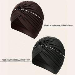 2pcs Pleated Turban Cap Elastic Solid Chemo Hats Headscarf Women