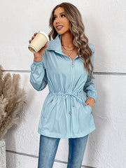Solid Hooded Rain Jacket Zip Up Long Sleeve Outerwear