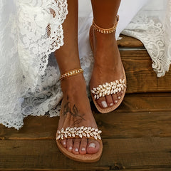 Women's Rhinestone Flower Decor Sandals Buckle Strap Flat Summer Shoes
