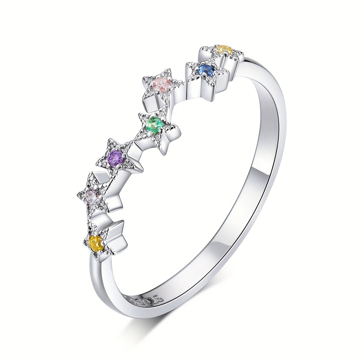 925 Silver Starry Ring with Colorful Zircon, Platinum Plated