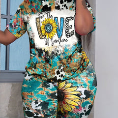Sunflower & Cow Print Tee & Shorts Set