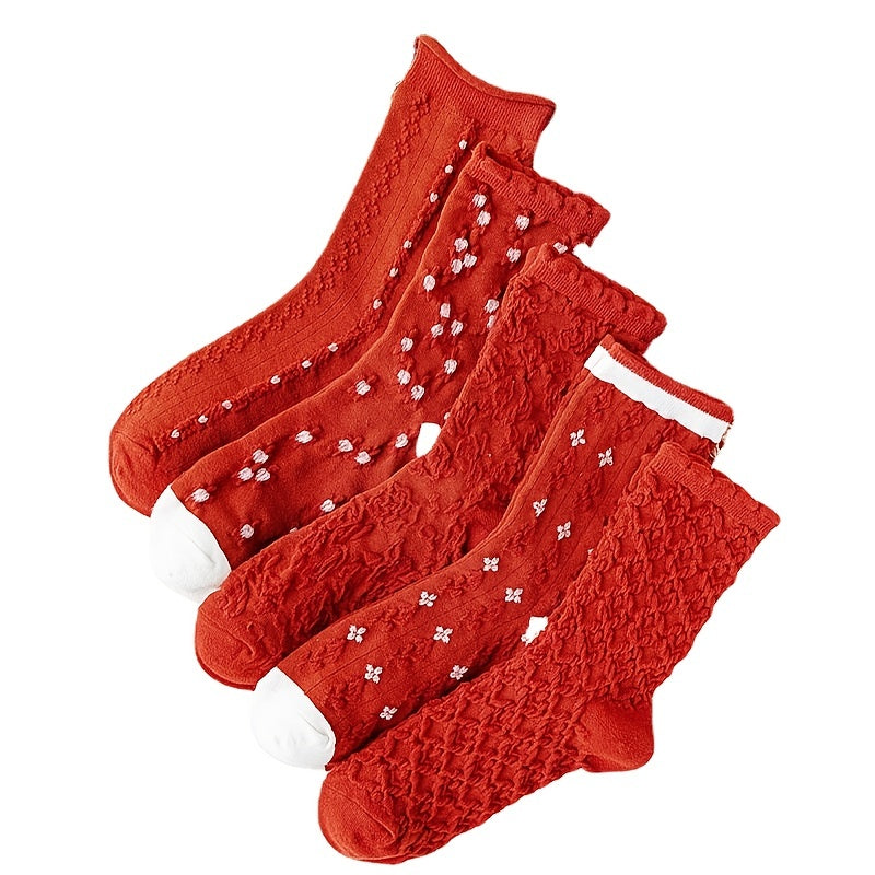 Red Textured Mid Tube Socks Chinese Year Women's Socks