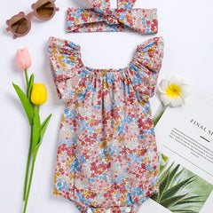 Newborn Infant Floral Romper Bodysuit & Headband for Baby Girls