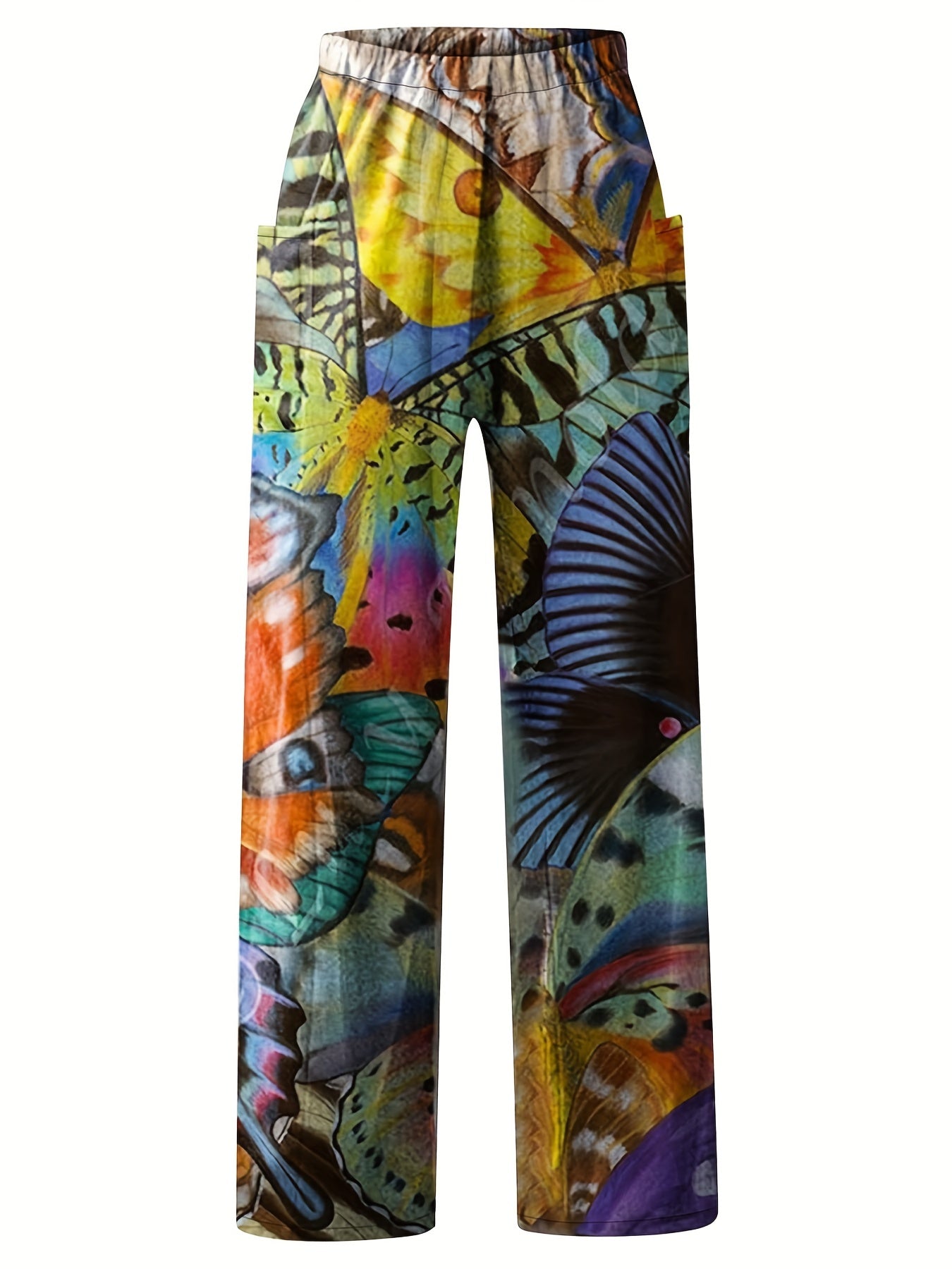 Butterfly Print Wide Leg Mid Rise Pants Women's Plus Street Style