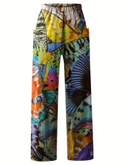 Butterfly Print Wide Leg Mid Rise Pants Women's Plus Street Style