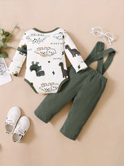 Baby Boy's Dinosaur Print Romper Top & Bib Pants Set