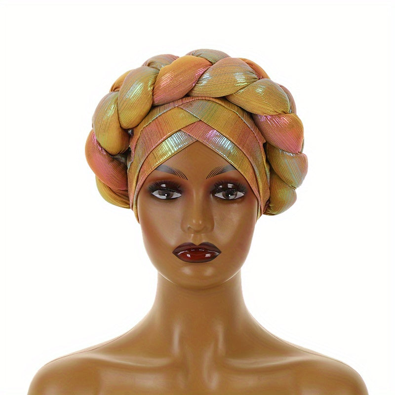 Yellow Laser Turban Cap Big Braided Pre-tied Elastic Head Wrap
