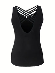 Criss Cross Crew Neck Tank Top Summer Sleeveless Casual Top