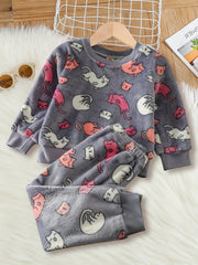 Girls Bunny Rabbit Fleece Pajamas Set Long Sleeve Top Matching Pants