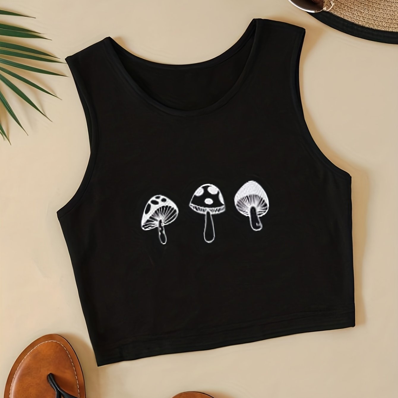 Mushroom Print Crop Tank Top Sexy Summer Sleeveless Casual Top