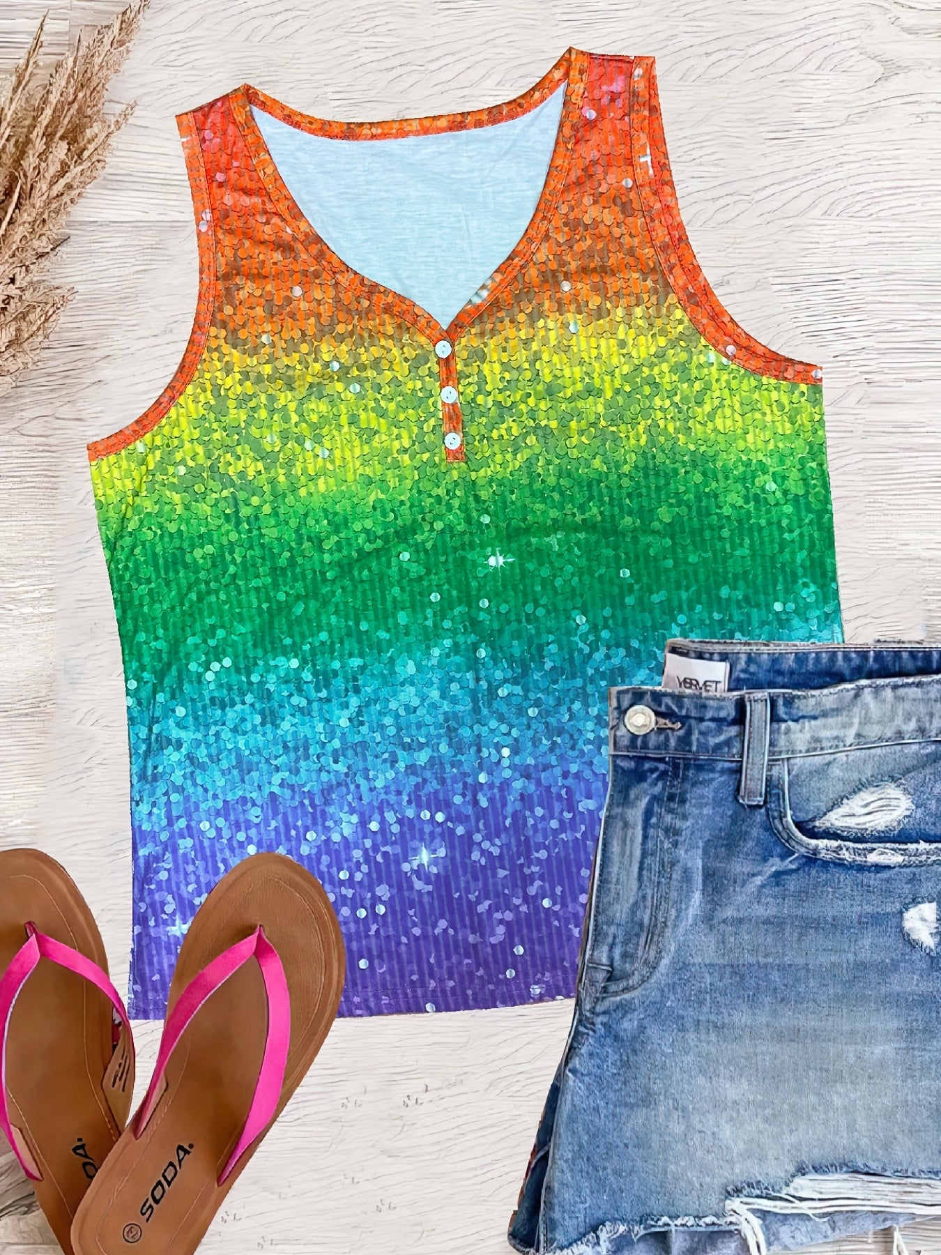 Colorful Print Button Front V Neck Tank Top Casual Sleeveless Top