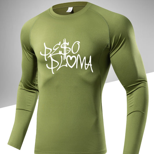 Men's Letter Print Compression Shirt Athletic Cold Weather Baselayer