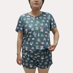 Cactus Print Plus Size Pajama Set - Short Sleeve Top & Shorts