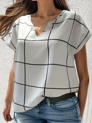 Plaid Print Batwing Sleeve Notched Neck Shirt Top