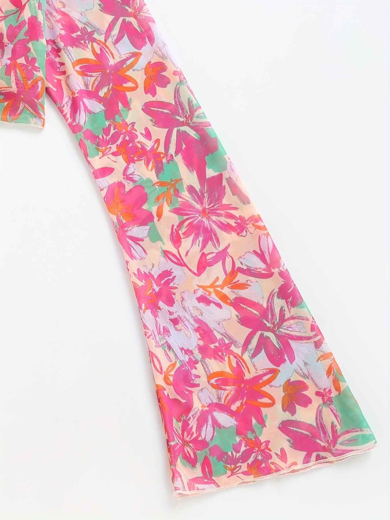 Floral Print Bell Sleeve Cover Up V Neck Stretchy Crop Beach Sun Protection