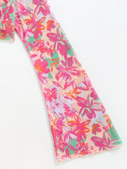 Floral Print Bell Sleeve Cover Up V Neck Stretchy Crop Beach Sun Protection