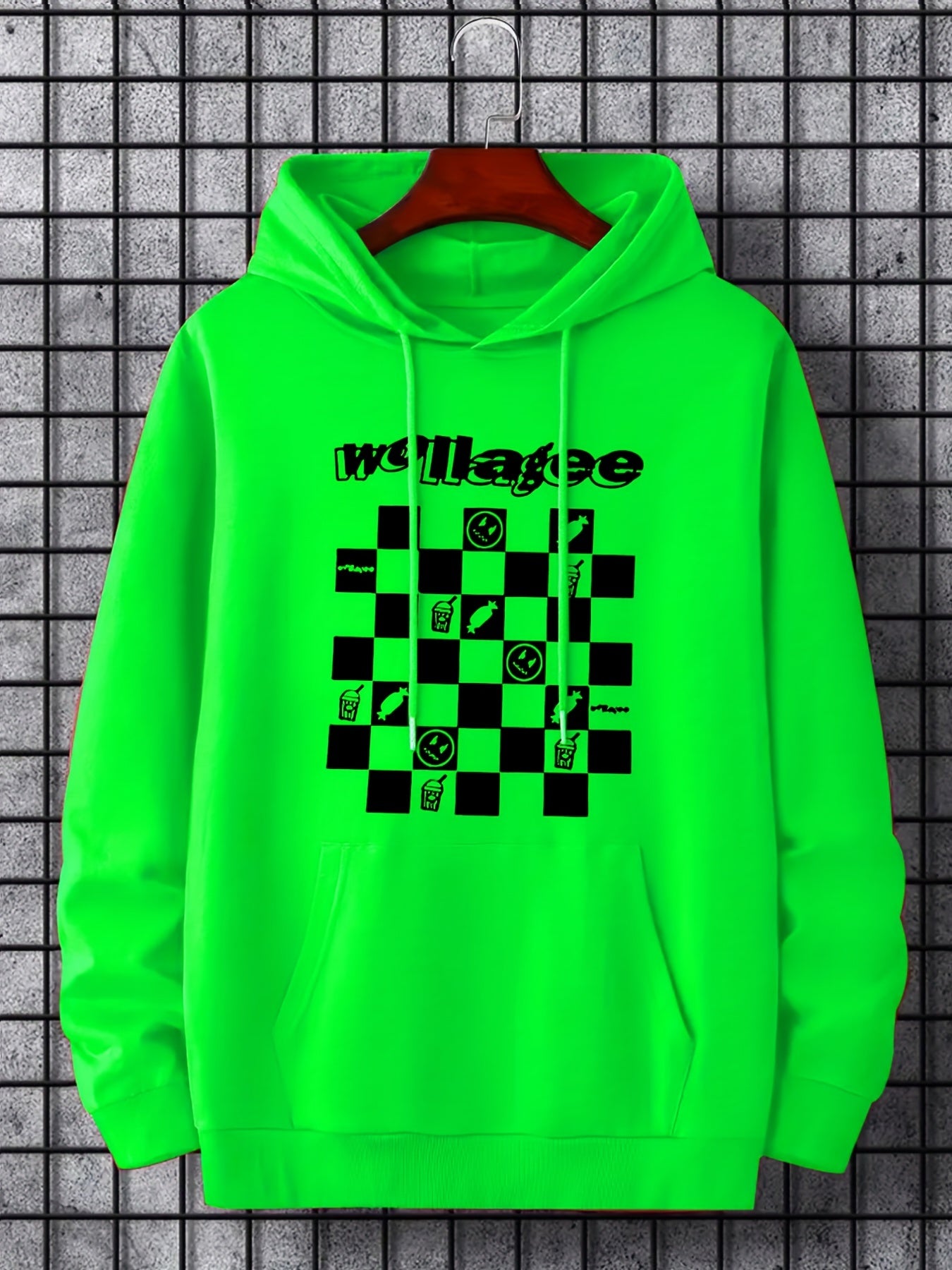 Checkerboard Print Hoodie Men's Casual Graphic Pullover Hoodie