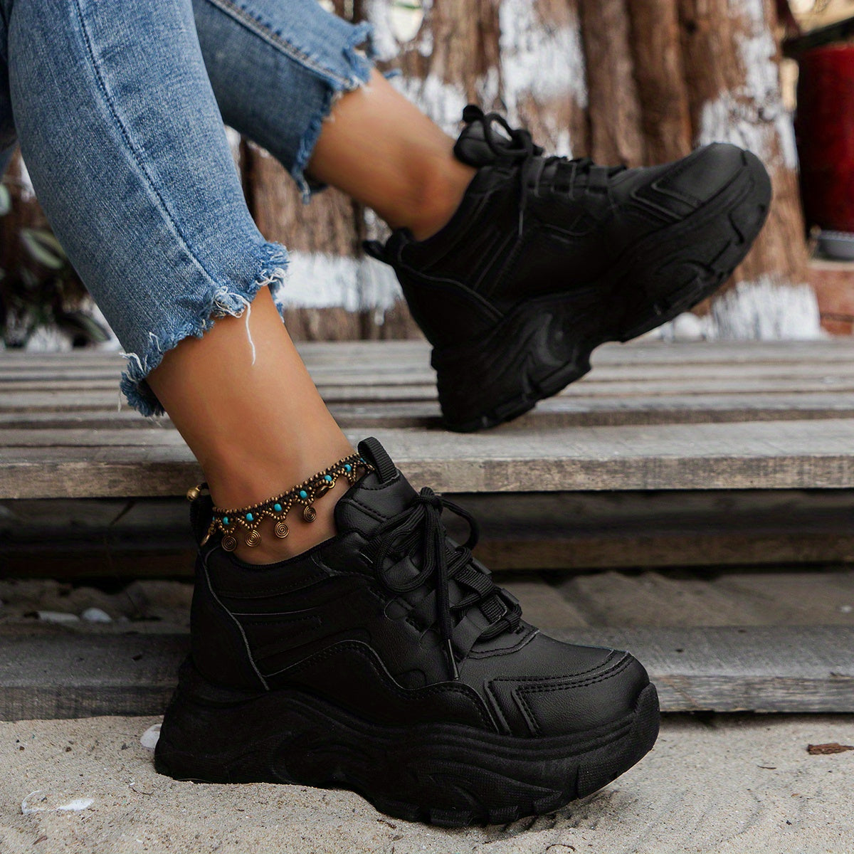 Women's Lace Up Platform Chunky Sneakers Thick Sole Walking Shoes