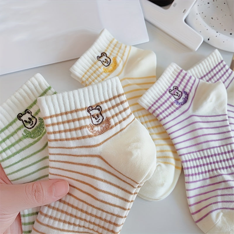 4 Pairs Stripe & Bear Pattern Socks Ribbed Short Socks Women's Stockings