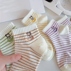 4 Pairs Stripe & Bear Pattern Socks Ribbed Short Socks Women's Stockings