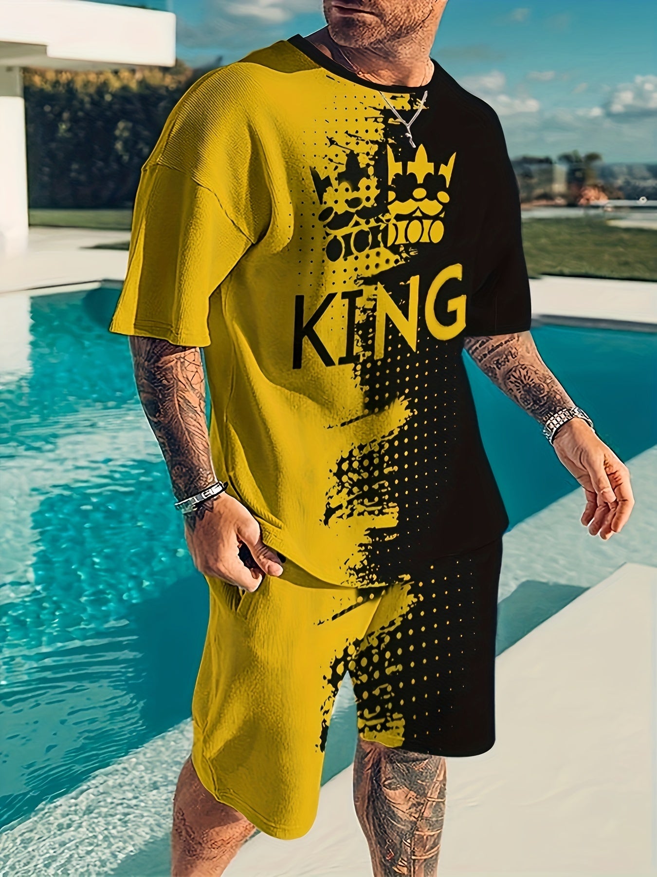 Men's King & Block Graphic T-shirt & Breathable Shorts for Outdoor