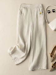 Casual Wide Leg Draped Pants with Embroidery Detail