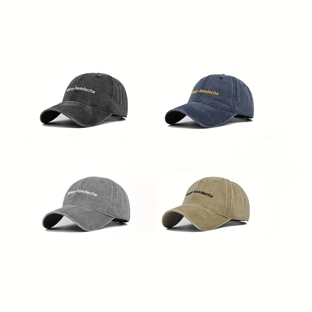 Distressed Cotton Baseball Cap Happy Headache Embroidery Couple Sun Hat
