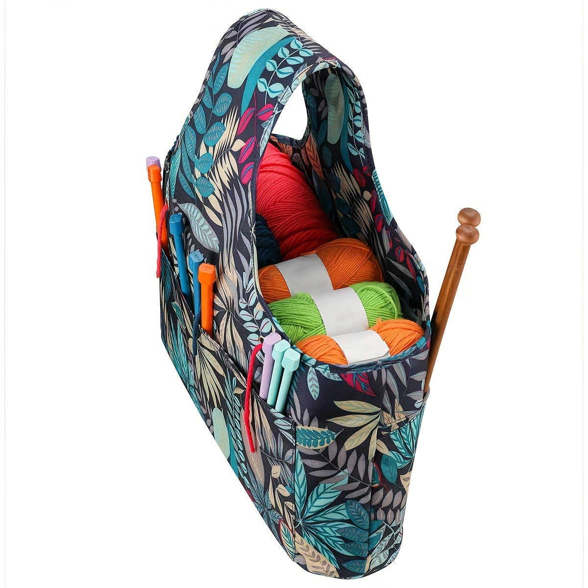Waterproof Yarn Storage Bag Large Capacity Knitting Tote Leaves Pattern