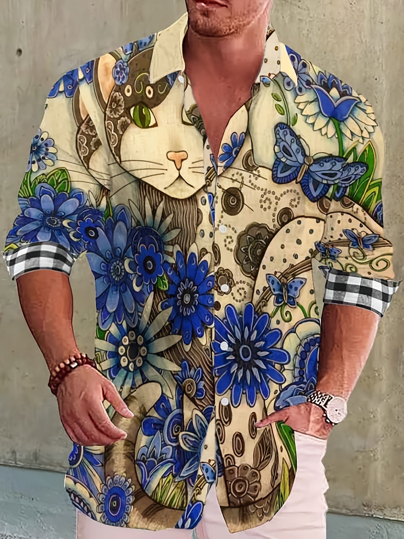 Cat & Flower Print Button Up Long Sleeve Shirt for Men