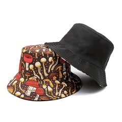 Brown Mushroom Print Bucket Hat Reversible Cartoon Sunscreen Basin Hat