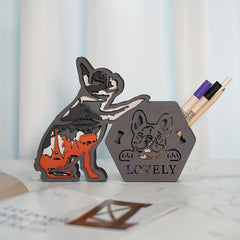 French Bulldog 3D Wooden Carving LED Night Light Pencil Holder