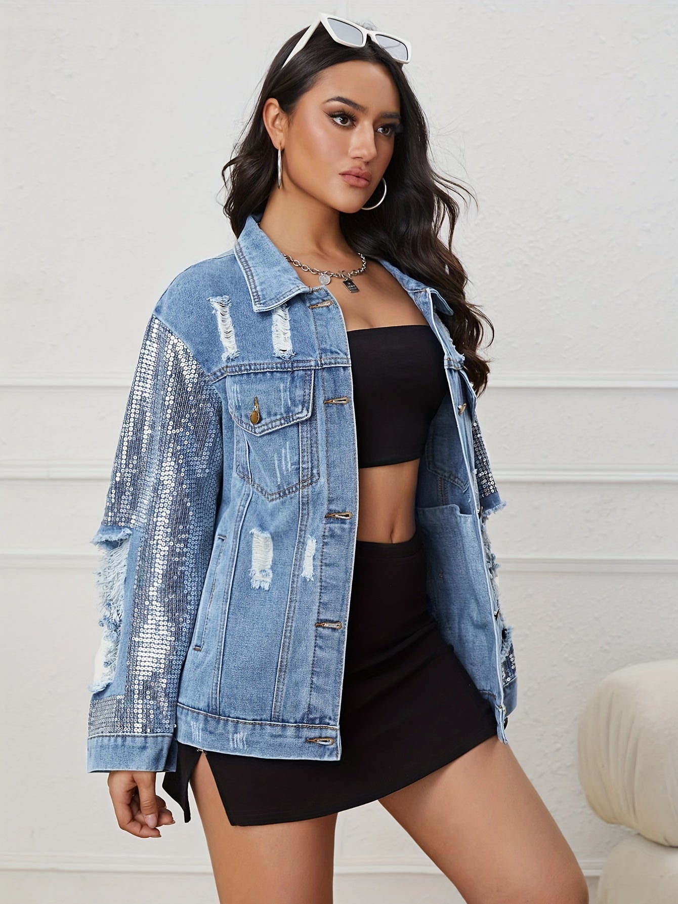 Sequin Long Sleeve Oversized Denim Jackets Flap Pocket Loose Fit