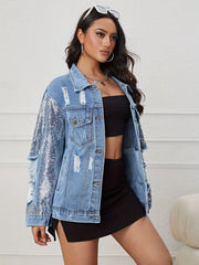 Sequin Long Sleeve Oversized Denim Jackets Flap Pocket Loose Fit