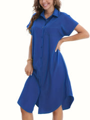 Button Front Shirt Dress Solid Short Sleeve Dress