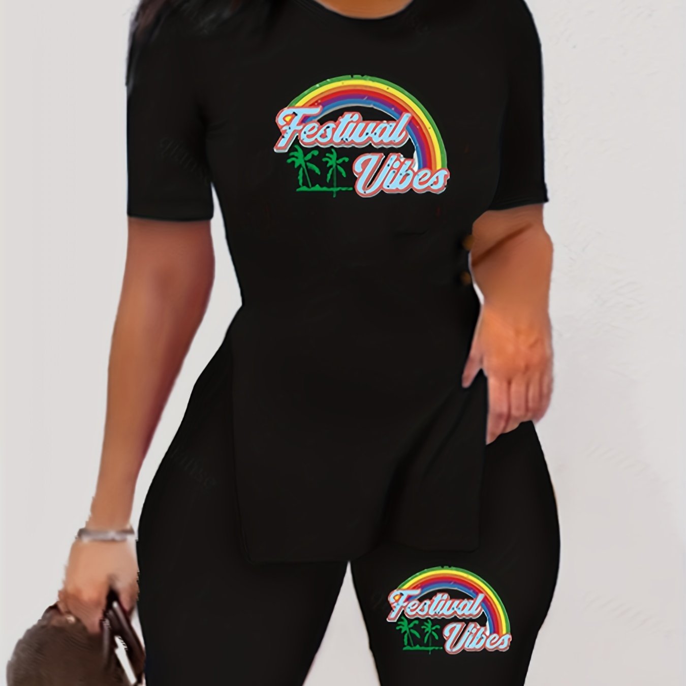 Rainbow Print Two-piece Set Short Sleeve T-shirt & Shorts Women's Clothing